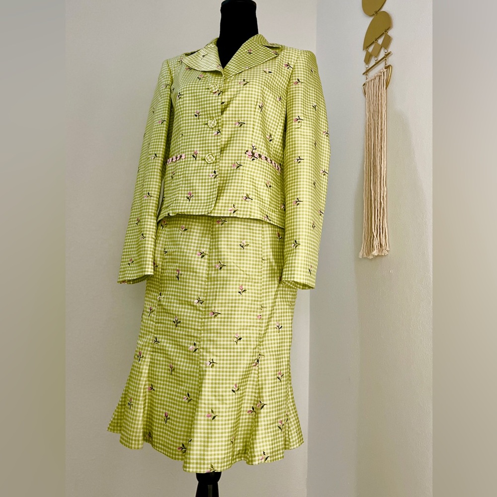 ABR New York Vintage Lime Gingham Women's Skirt Set - Silk, Size 6/Small-Medium